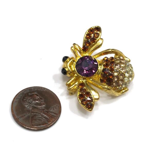 Vintage Bee Insect Rhinestone Brooch, Gold Plated, Unsigned Joan Rivers, 1990s - Picture 7 of 10
